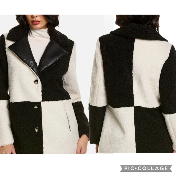 NVLT Colorblock Sherpa Coat Boucle Patchwork with Faux Leather Lapel Size M - Picture 13 of 14